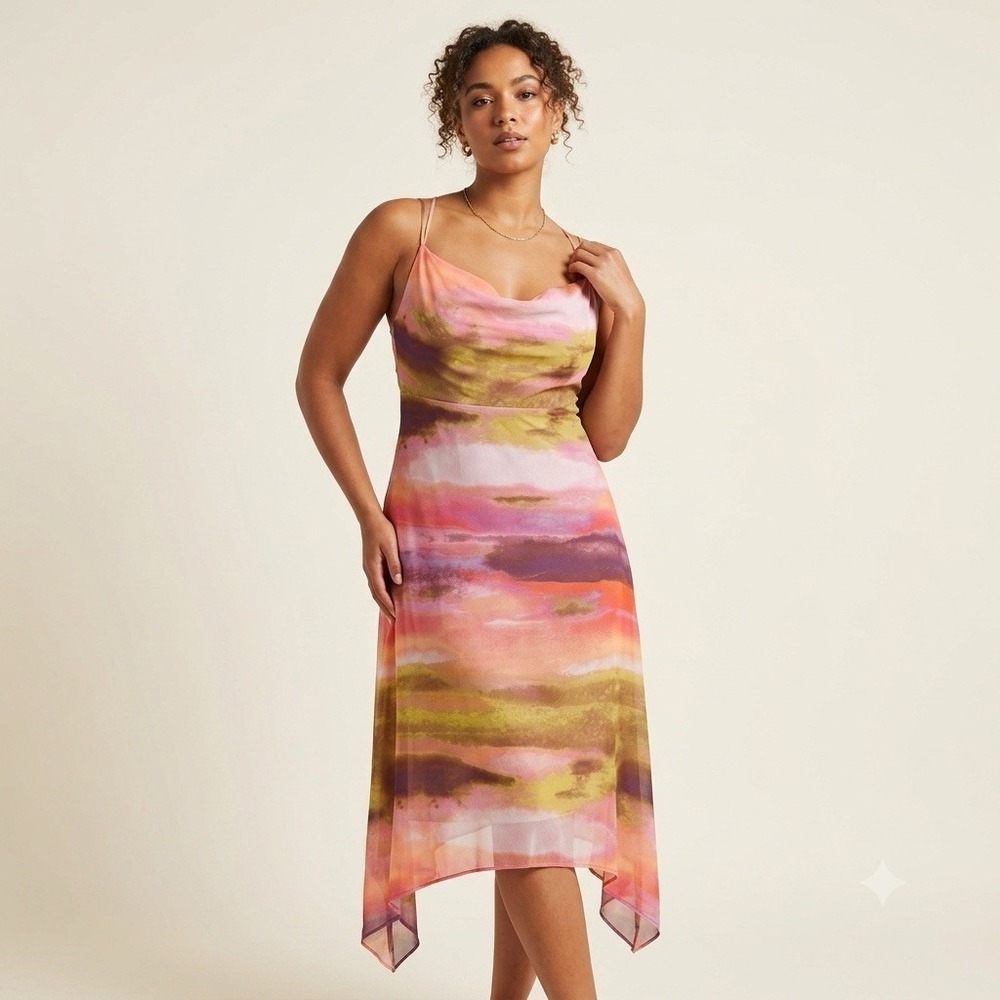 New Wild Fable Chiffon Maxi Dress Medium Shibori Y2K Handkerchief Asymmetric Hem